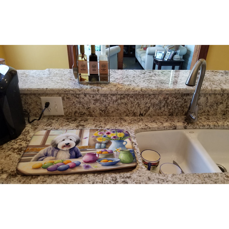 Decorating Easter Old English Sheepdog Dish Drying Mat