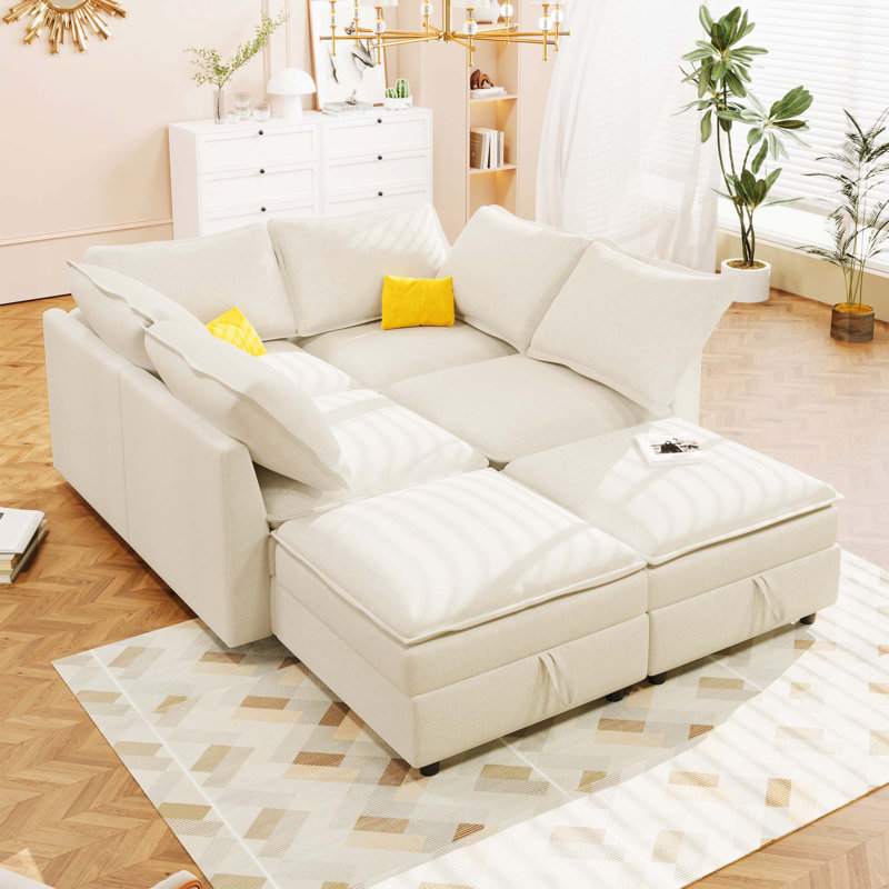 6-Piece Modular Sofa Bed With Storage, Beige Polyester