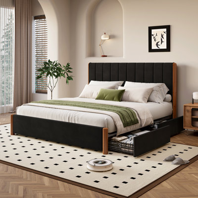 Soft-padded solid wood bed frame, equipped with 4 under-bed drawers, solid wood frame, vertical grooved quilted headboard