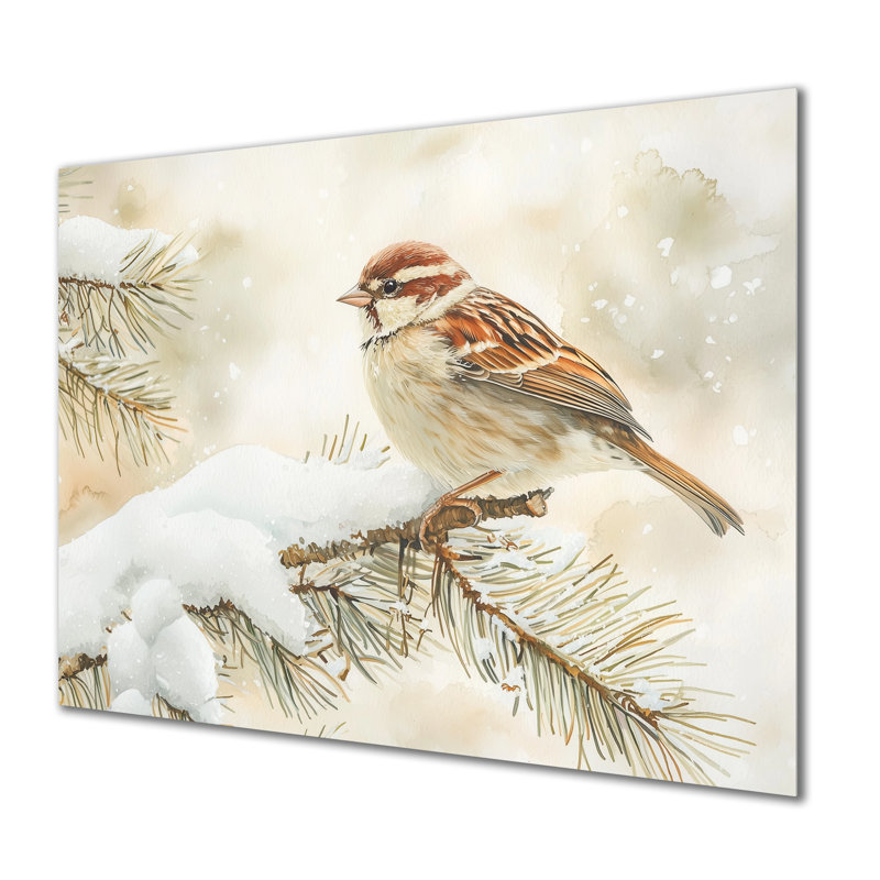 «Sparrow Bird In The Winter Pines II», reproduction d'art moderne sur métal, art mural oiseau en métal, H 34 po x l 44 po