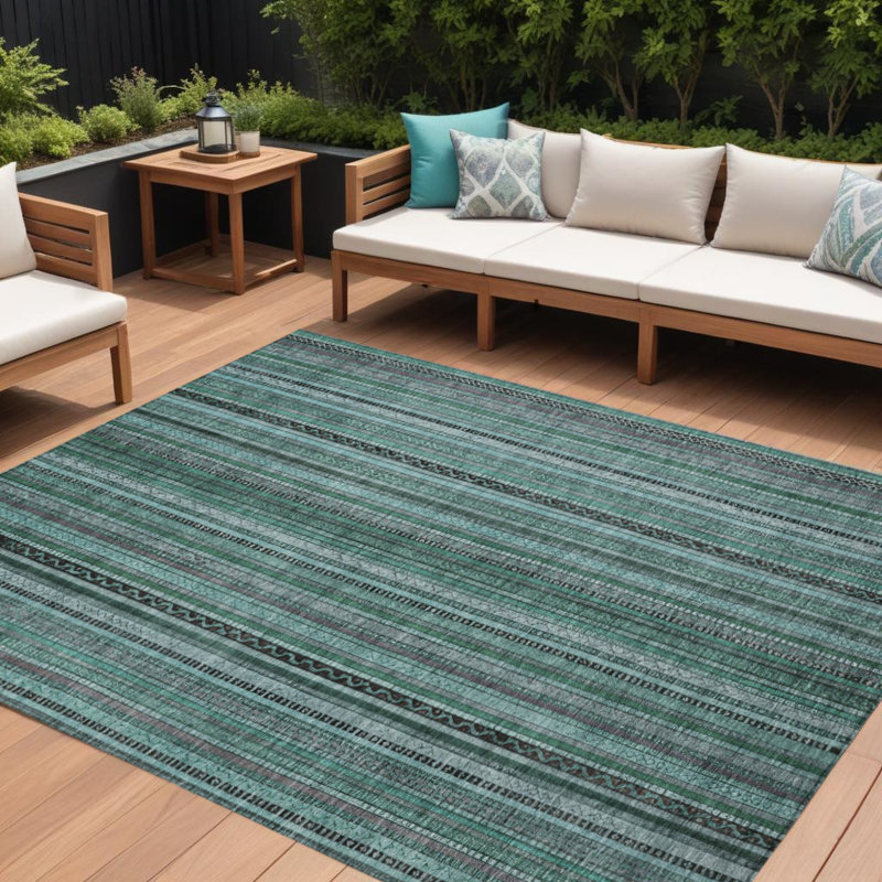 Tapis extérieur lavable à rayures bleu sarcelle 10 pi x 14 pi bleu turquoise et gris