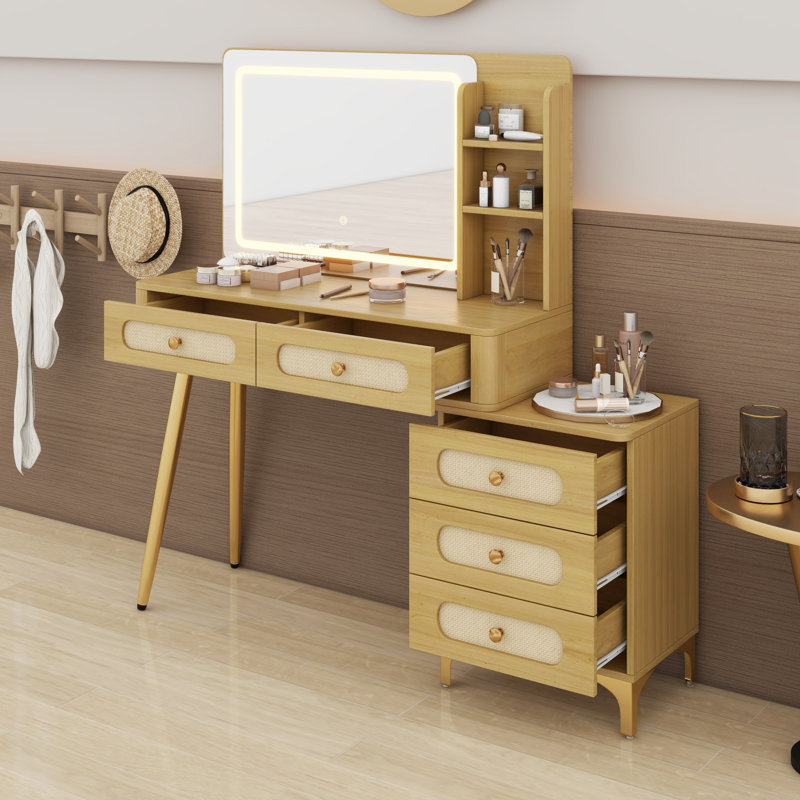 Coiffeuse en rotin avec miroir lumineux à DEL, coiffeuse rétro avec 5 tiroirs et tablette de rangement, Naturel