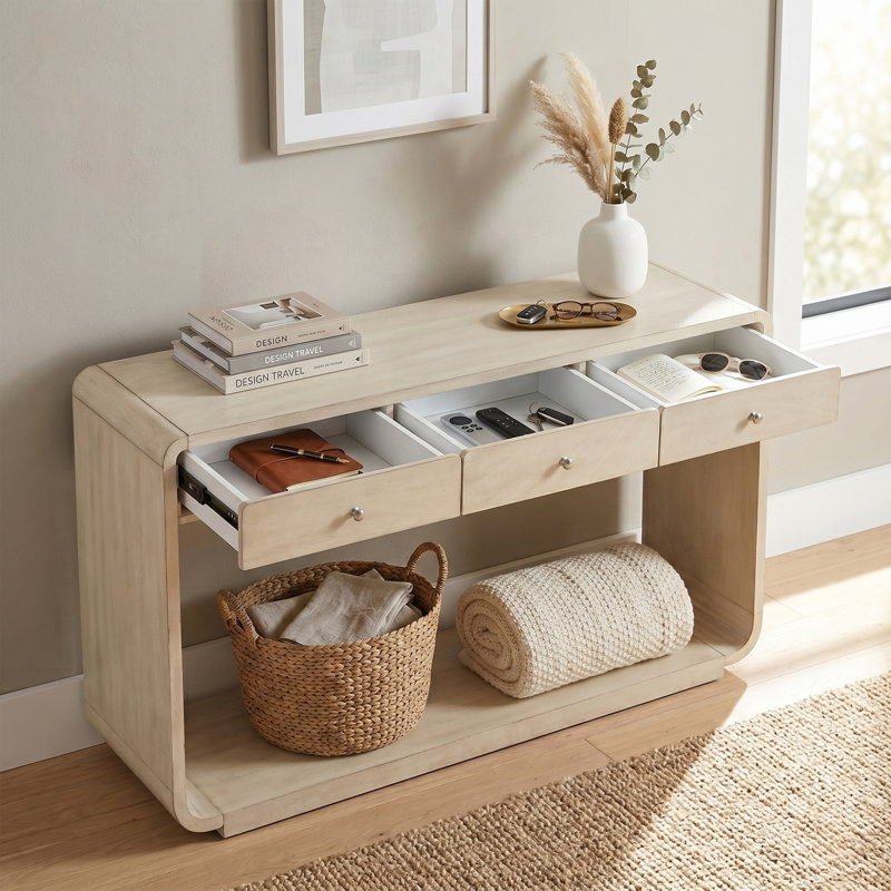 Console ancienne en bois naturel avec 3 tiroirs et détails vieillis, Naturel, Naturel, Naturel