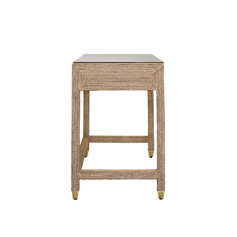 Two Drawer Desk in Wrapped Rope with Glass Top and Brass Foot Caps