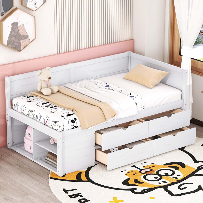 Elsi 4 Drawers Corner Daybed with Storage Shelves, Twin, White