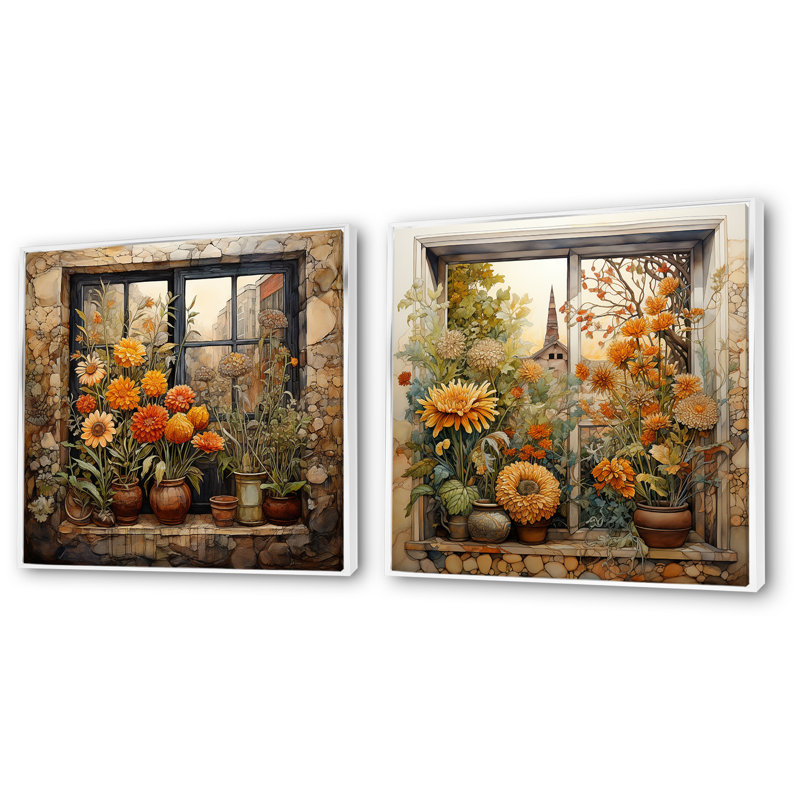Ensemble de salon art mural jaune et vert avec ferme à fleurs I, Cadre flottant blanc, H 36 po x l 73 po x P 1,5 po