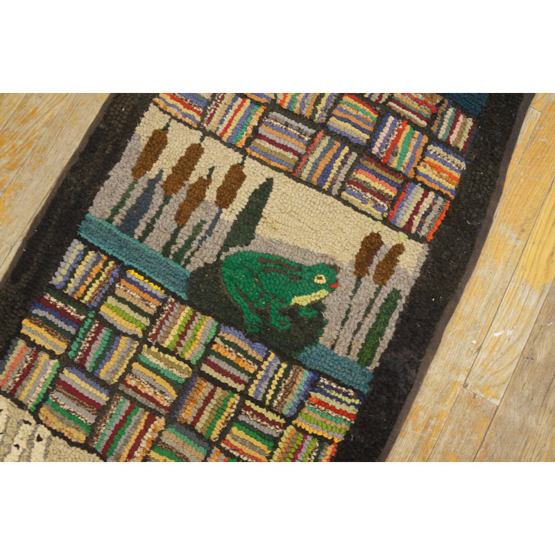 Antique American Scenic Pictorial Folk Art Design Long Hallway Runner Hooked Rug