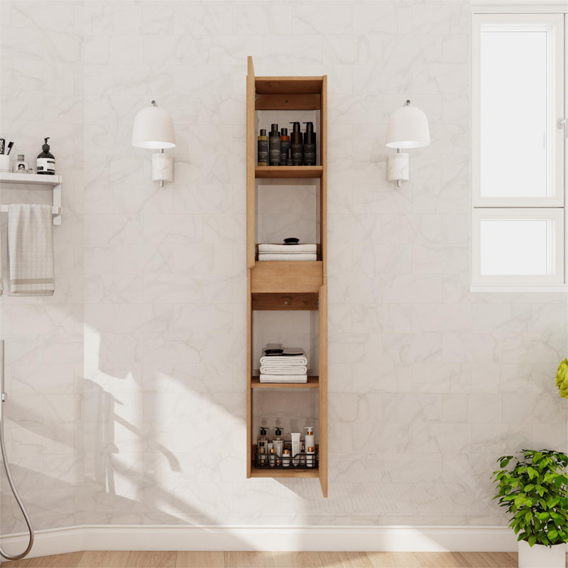 12" Floating Bathroom Side Cabinet With Soft Close Door, Imitative Oak