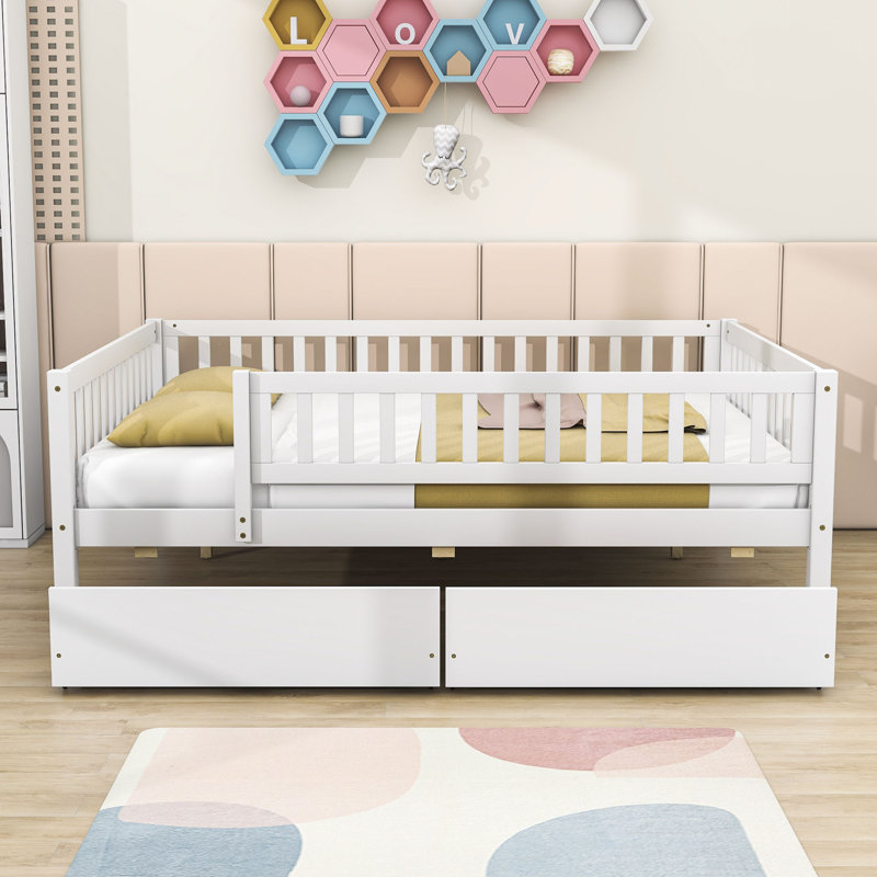 Lit en bois avec deux tiroirs, Double, Blanc
