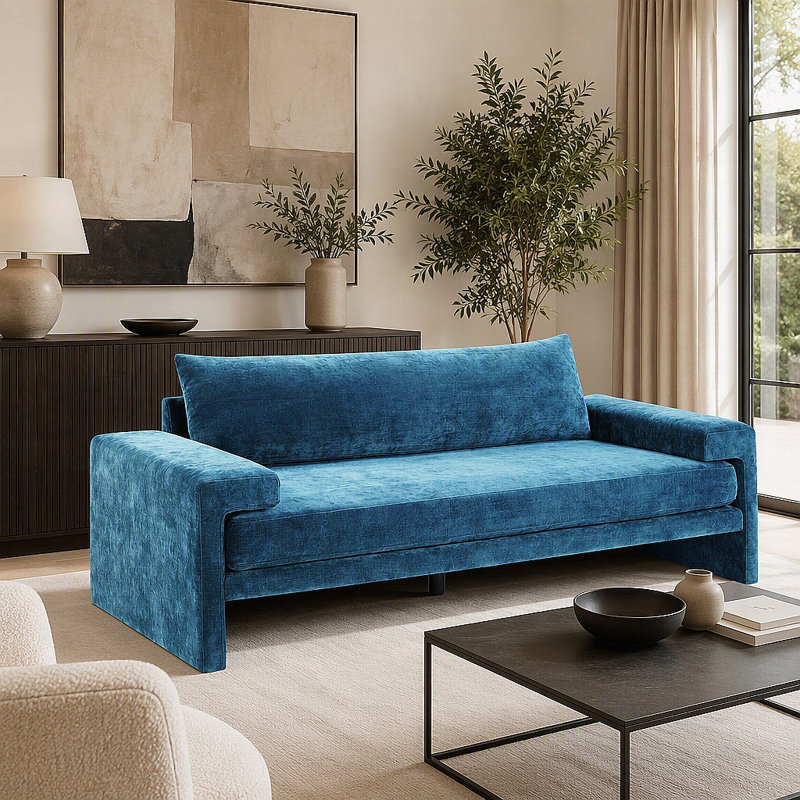 Canapé surdimensionné à 3 places avec accoudoirs larges et tissu chenille, Chenille bleu, Bleu