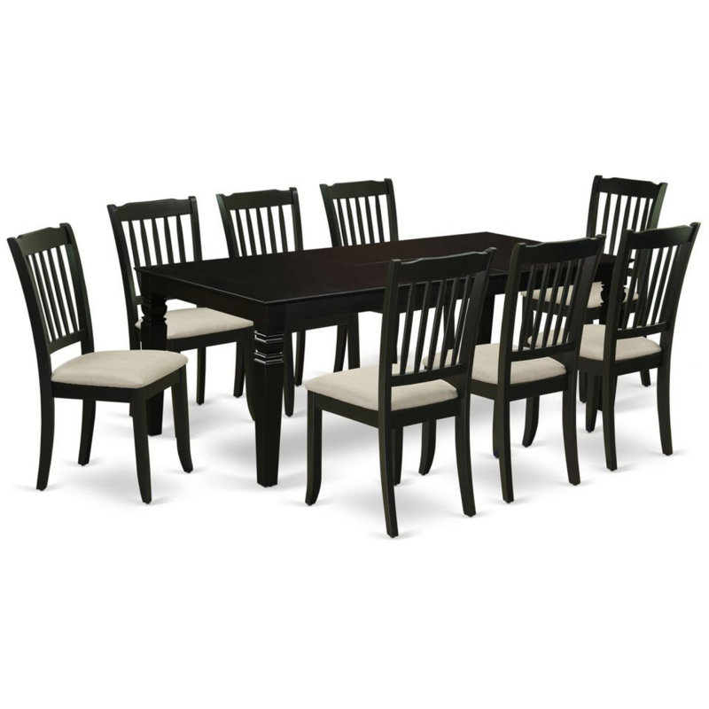 Ensemble de table de salle à manger 9 pièces comprenant une table de cuisine rectangulaire avec rallonge papillon et 8 chaises de salle à manger en tissu de lin, noir