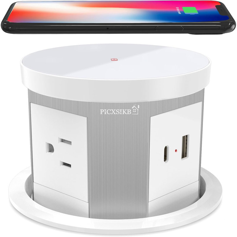 Prise électrique escamotable automatique 4,33 pouces, Ith 15w Chargeur sans fil 3 prises CA 1 prise USB-A 1 USB-C prise cachée 5 pi pour la cuisine / la maison / le bureau (blanc)
