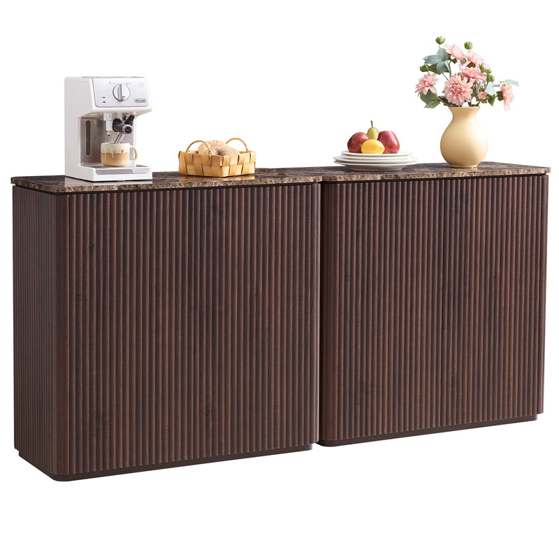 Buffets cannelés avec plateau en faux marbre, meuble télé 68,8 po, Chêne brun