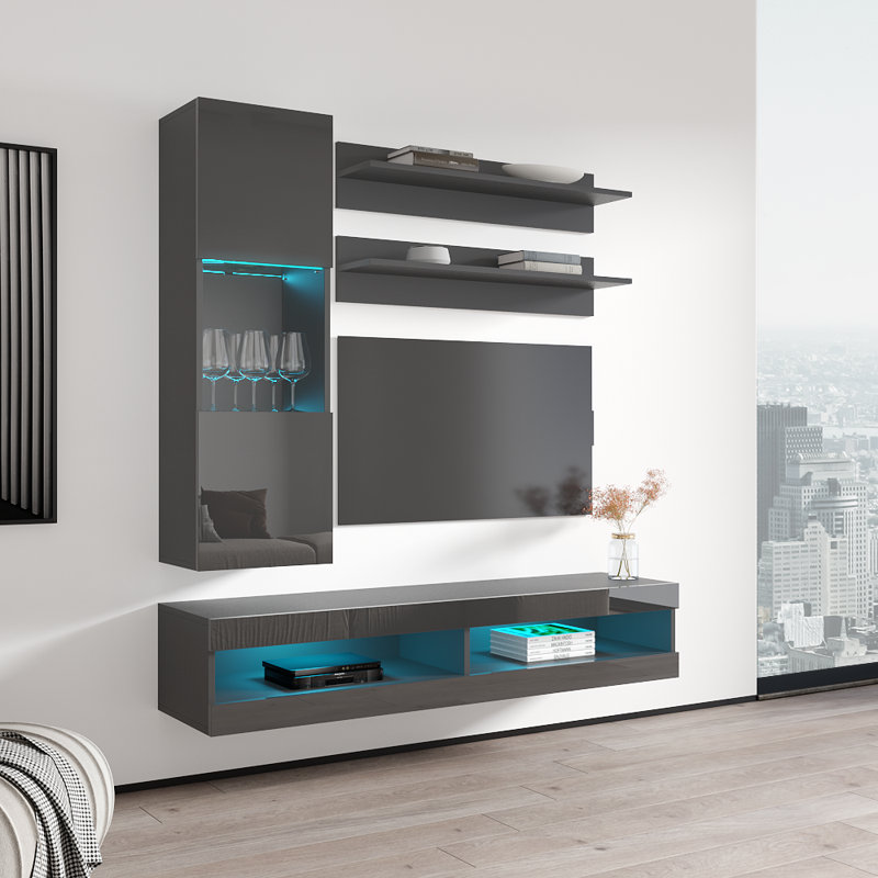 Lomas 63" Modern Floating Wall Mounted Entertainment Center with 16-Color LED Lighting, High Gloss Finish, Gray