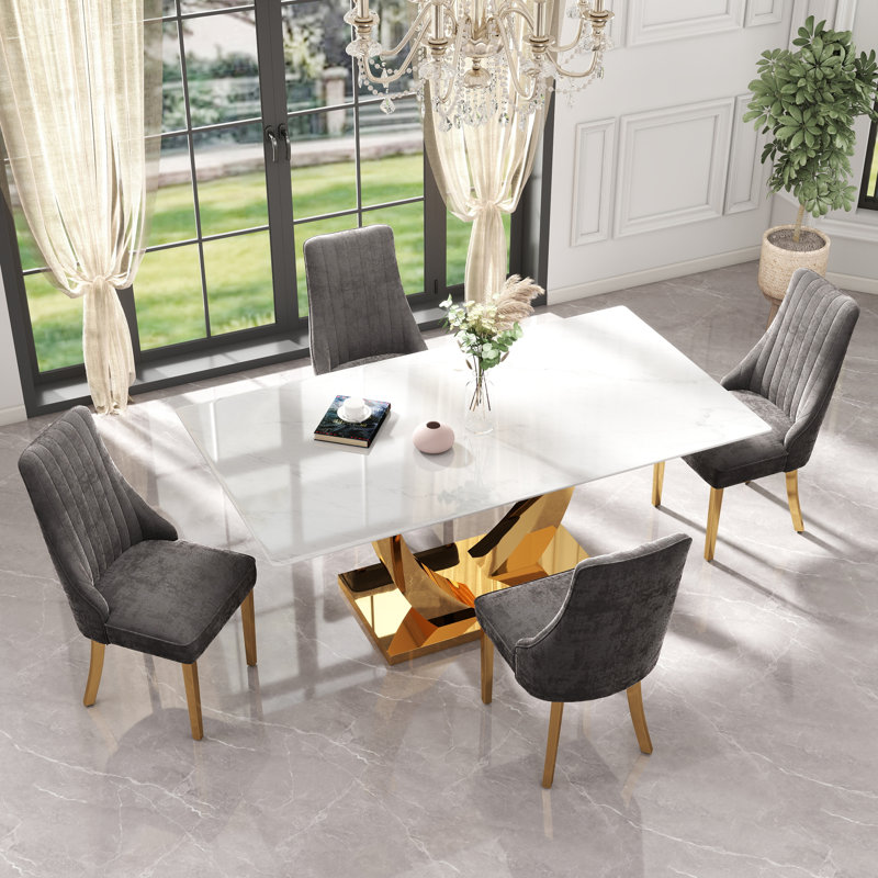 Modern Rectangle Pedestal Dining Set with Chenille Upholstery Dininig Chair, 5, Gold/Grey