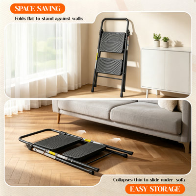 2-Step Folding Ladder, Wide Anti-Slip Pedal, Sturdy Portable Step Stool for Adults, Lightweight, Black