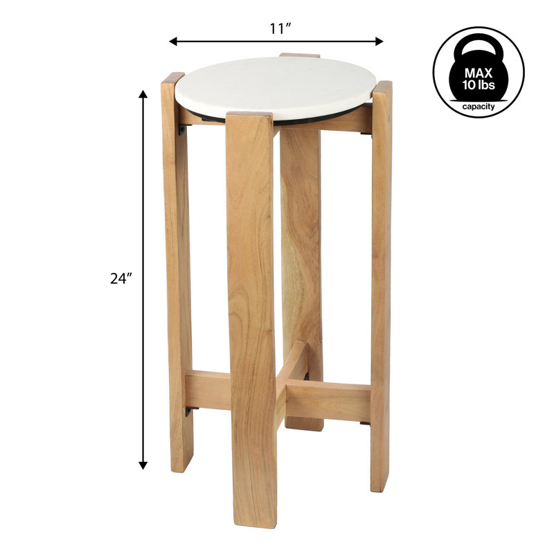 Elena 24" Structured Wood Drink Table and Decorative End Table with White Marble Round Top, Natural