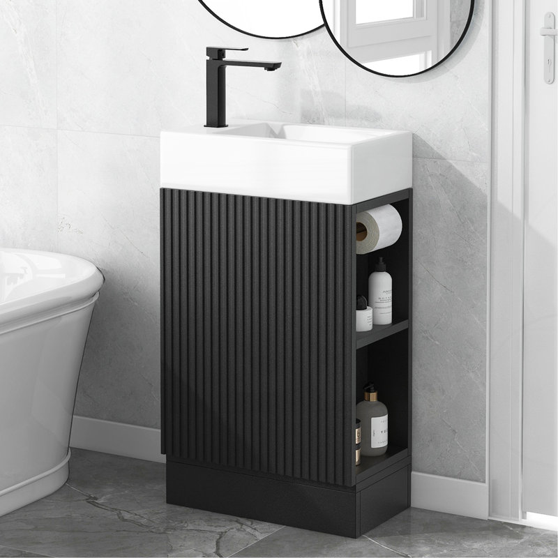 Meuble-lavabo 18,6 po avec lavabo, meuble-lavabo avec tablette à deux niveaux, orientation gauche ou droite, noir, Noir