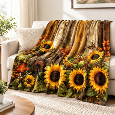 Sunflower Wagon Wheel Pattern Fleece Throw Blanket, Cozy Lightweight Plush Bed Blanket for Sofa, Couch, Bedroom, Living Room Home Decoration