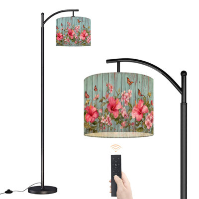 Arc Floor Lamp with Adjustable Lampshade Flower Butterfly Boho Rustic Wood Grain Red Hibiscus Flowers Pink Standing Lamp 3 Color Temperatures Dimmable Tall Pole Lamp with Foot Switch for Bedroom