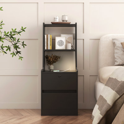Nightstand With Charging Station, Smart Nightstand With Night Light, Night Stand With Bookshelf, Bedside Tables by Ebern Designs