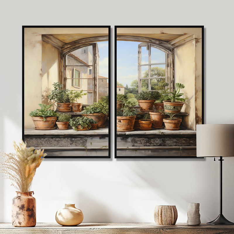 «Italian Poteries Window Charm», art mural traditionnel blanc 2 pièces, H 36 po x l 48 po, Impression encadrée flottante