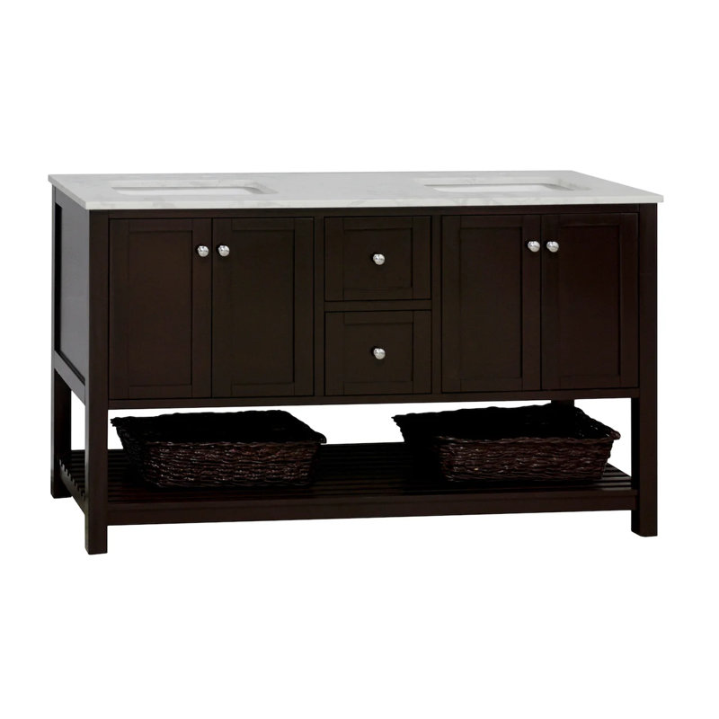 Ensemble de meuble-lavabo double 60 po Binne, Chocolat, Carrara d'ingénierie