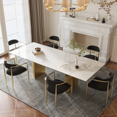 Santrez 7 - Piece 94.48" Extendable Sintered Stone Dining Table with 6 Fabric Chairs Dining Set by Everly Quinn