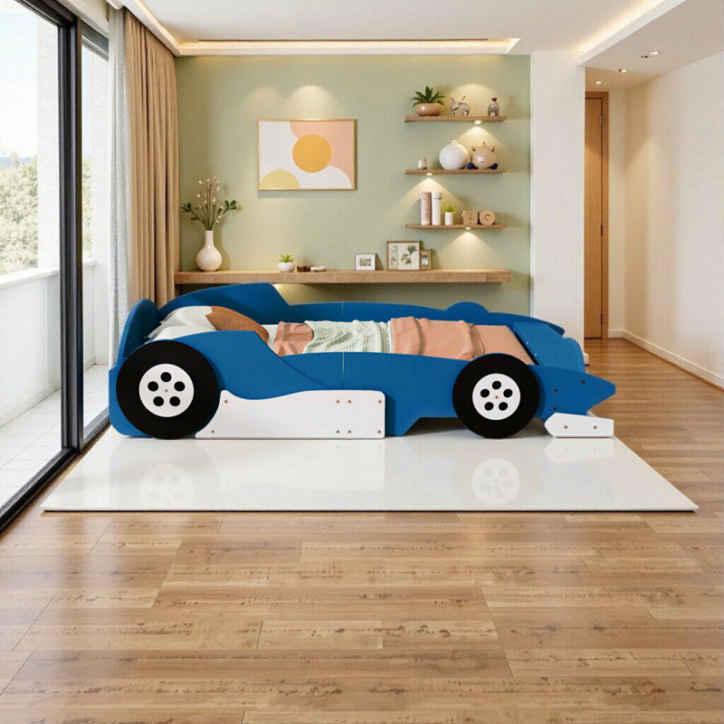 Lit plateforme pleine grandeur en forme de voiture de course avec roulettes - Lit bleu élégant pour chambre à coucher, Bleu