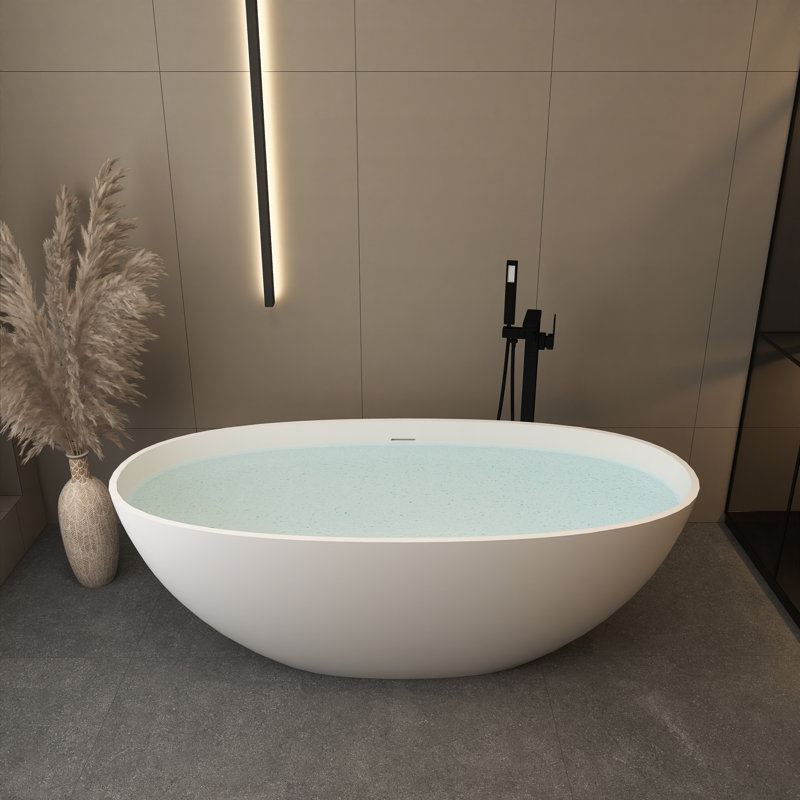 65-Inch Matte White Solid Surface Freestanding Soaking Bathtub