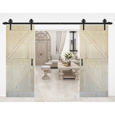 K style Paneled Solid Core Wood Double Sliding Barn Door with Hardware Kit (Set of 2) - Assembly Needed