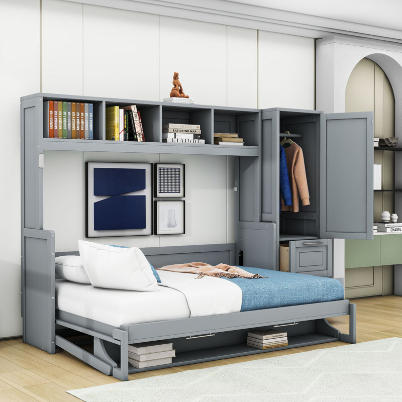 Tandie Wood Murphy Bed with Shelves and 2 Drawers, Full, Grey