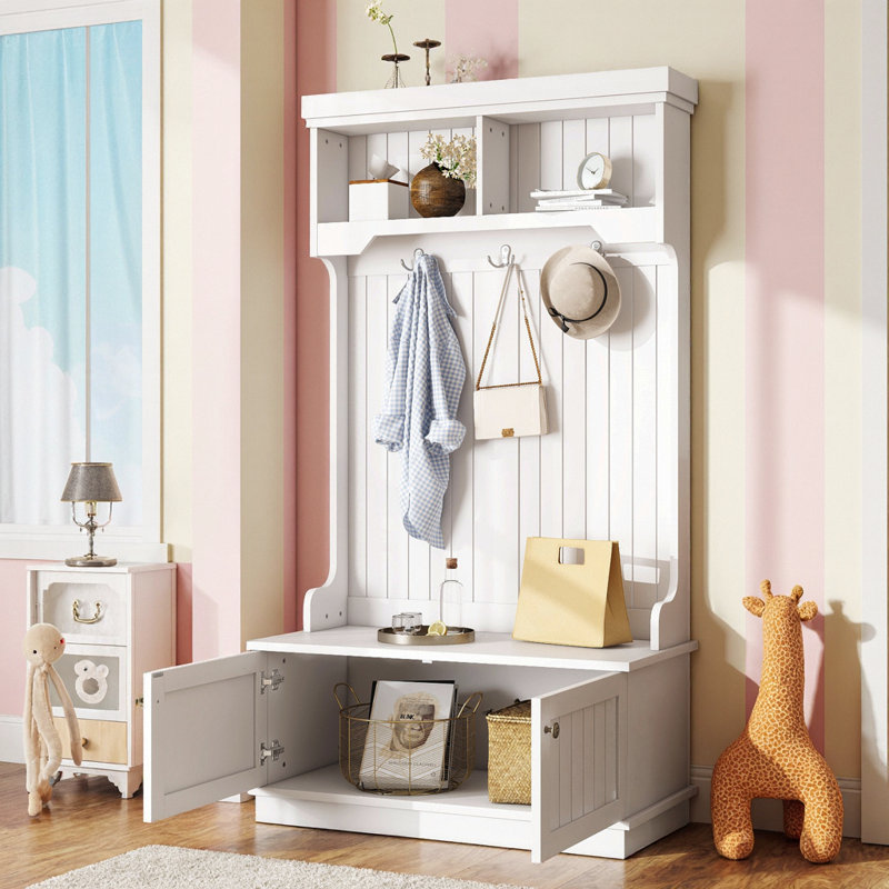 White 4-in-1 Hall Tree with Shoe Bench, Coat Racks & Storage for Entryway, White