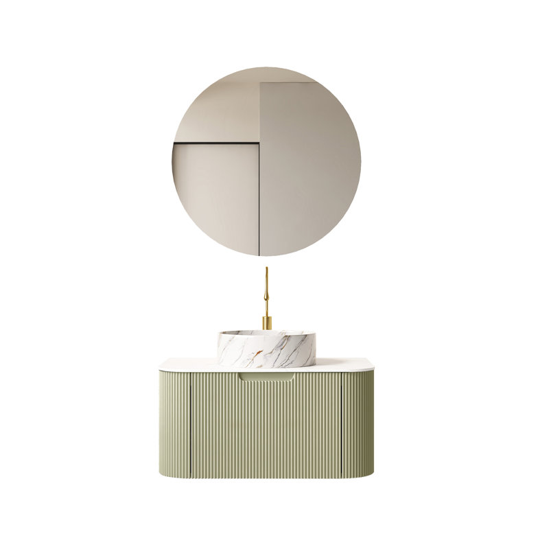 Meuble-lavabo de 30 po avec lavabo rond en céramique à motif de pierre blanche, armoire de rangement à rayures 3D, pré-assemblé, grand espace, tiroir à fermeture en douceur