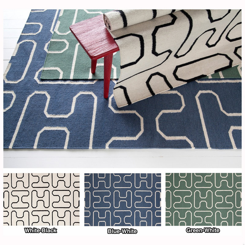 Chevella Authentic Handmade Blue & White Reversible Geometric Wool & Cotton Flatweave Indoor Area Rug, 5' x 7'