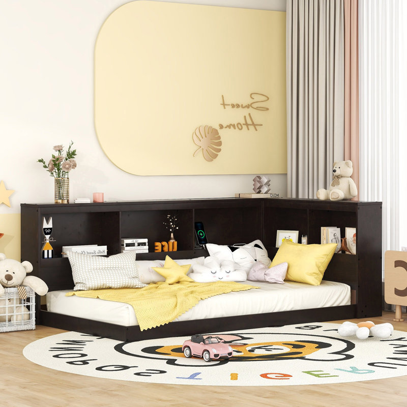 Lit de jour simple en bois avec armoires de rangement et ports USB, espresso