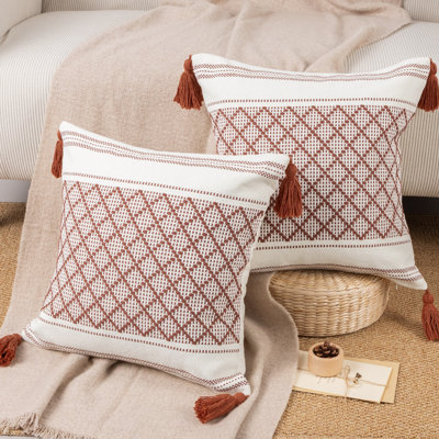 Cotton Blend Geometric Checkered Jacquard Tassel Throw Pillow Cover