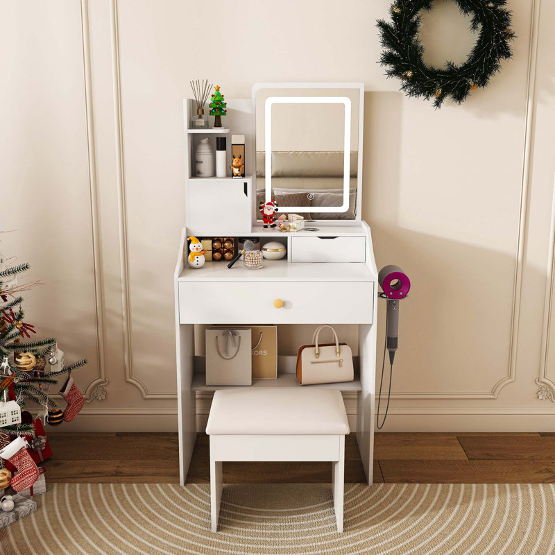 3-Color LED Vanity Mirror with Stool, White Dressing Table for Bedroom, 2 Drawers & 5 Storage Cabinets (4 Open + 1 Hidden), Adjustable Lighting