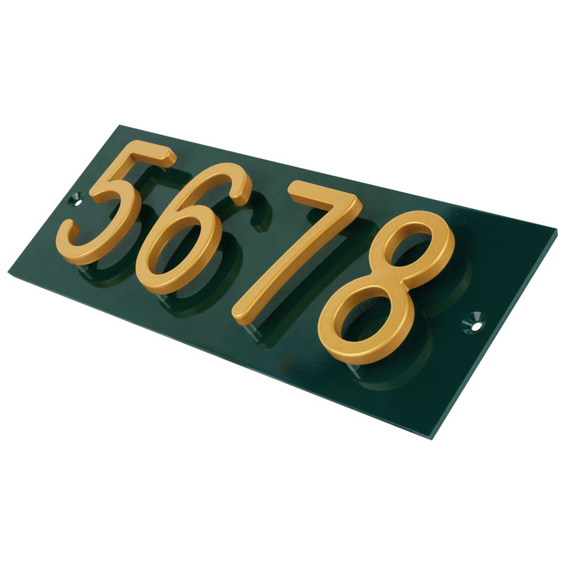 Plaque d'adresse horizontale flottante en aluminium Royal Shade - 4 chiffres personnalisés, Vert, Doré, Oui