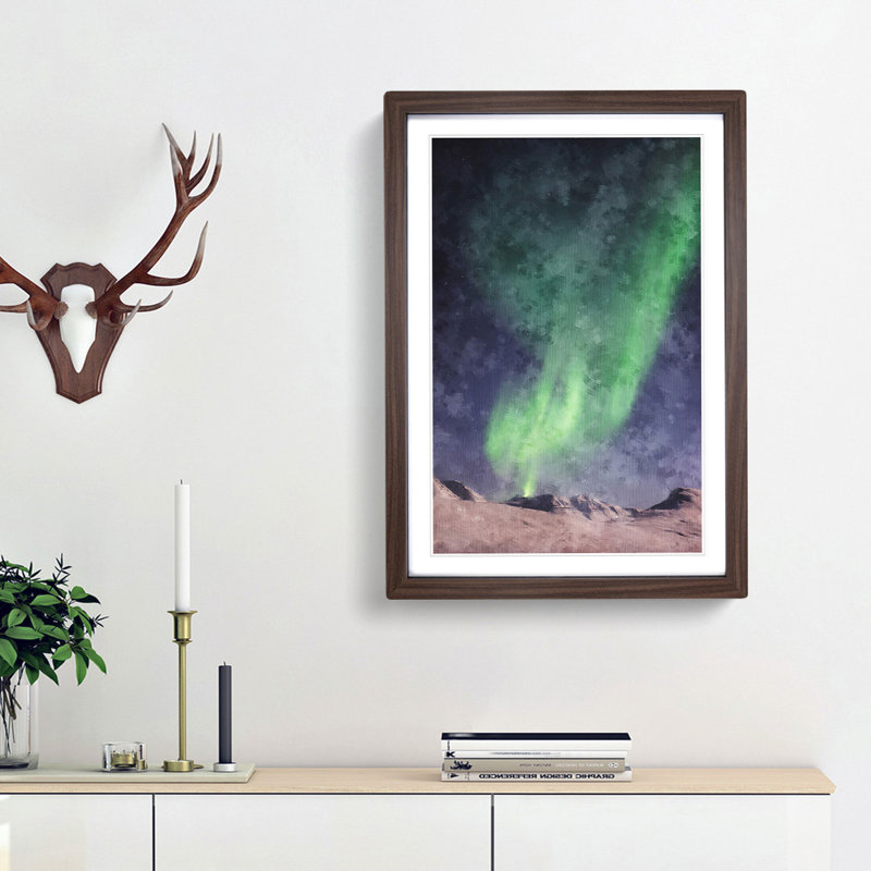 Northern Lights Aurora Borealis Abstract - Picture Frame Painting Print, 87cm H x 62cm W x 2cm D, Walnut Framed