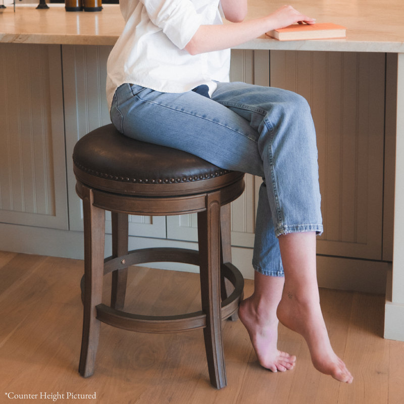  Maven Lane Alexander Swivel Backless Stool with Faux Leather Upholstery, Walnut, Bar Stool (31" Seat Height)