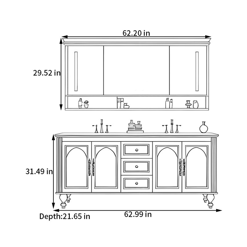 Armoire de salle de bain française, H 31,49 po x l 62,99 po x P 21,65 po