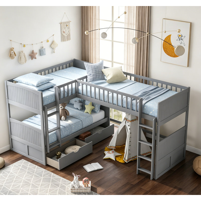 Lit simple superposé simple avec mezzanine attachée et deux tiroirs, gris, conception compacte et multifonctionnelle pour les chambres à coucher modernes