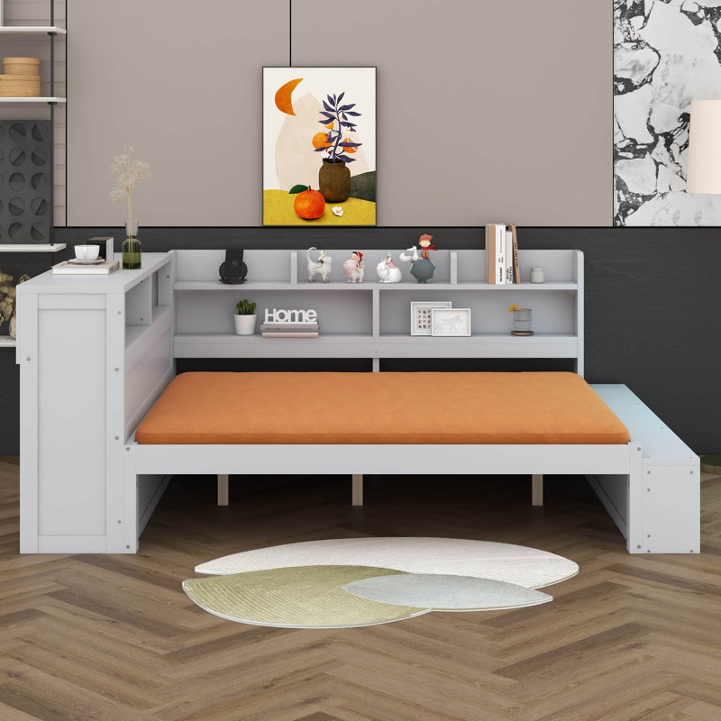 Lit de jour double avec armoires de rangement et armoire à chaussures, lit d'angle en bois avec ports USB, Gris