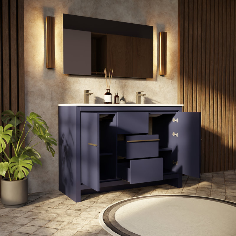Lafarre 48 in W x 20 in D Double Bath Vanity and Gun Metal Faucet Set, Navy Blue, White Cultured Marble