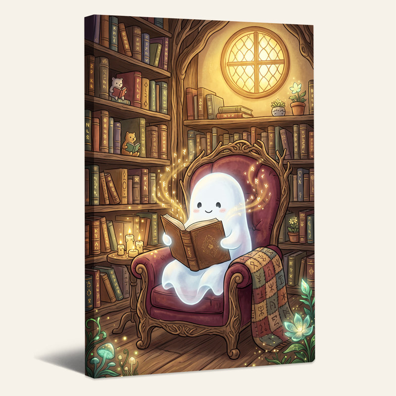 Mignon fantôme lisant un livre magique dans une bibliothèque confortable, art mural d'Halloween, 18"H x 12"W