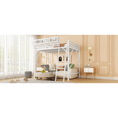 Grand lit mezzanine en métal avec rangement, haut pour les adolescents, 54,3 pouces sous la surface, charge de 400 lb, 13 garde-corps, tige blanche, limite de poids, garde-corps