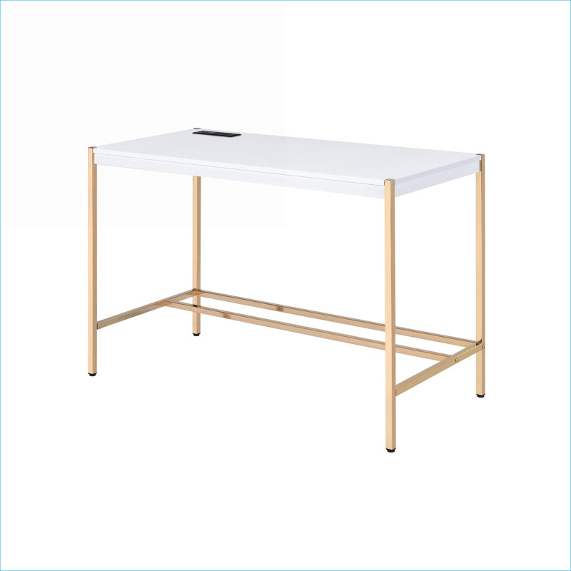 Bureaux, blanc moderne & amp; Bureau d'écriture doré avec port USB | Métal doré, bois synthétique blanc