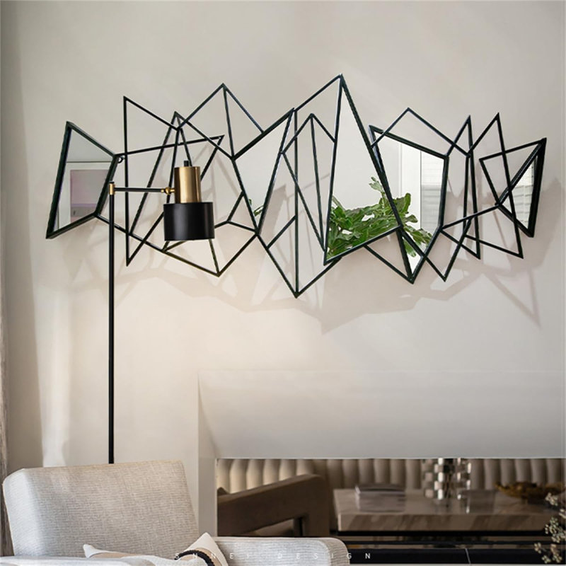 Geometric Entryway Mirror Metal Wall Decor, 3D Metal Wall Art Mirror for Living Room Wall Hanging 3D Wall Sculptures Artwork