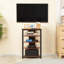 Meuble télé d'angle avec tablettes de rangement et structure en acier, parfait pour les petits salons et les espaces restreints